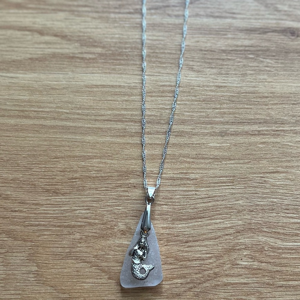 Sea Glass Necklace clear with Mermaid Charm